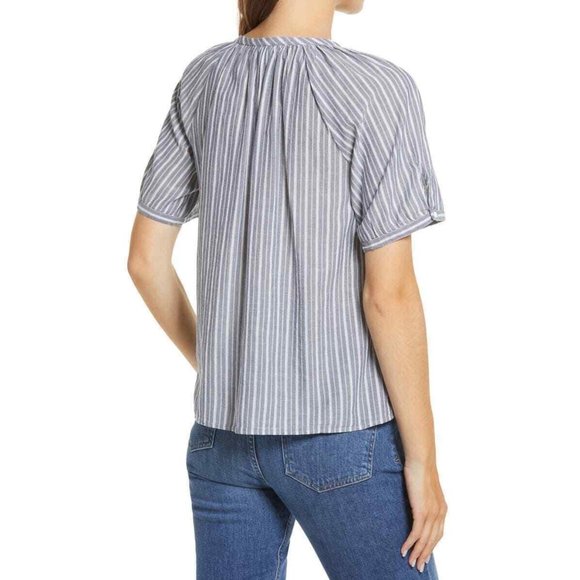 Caslon V Neck Short Sleeve Navy & White Stripe Cotton Pullover Top Size Small S - Picture 2 of 5